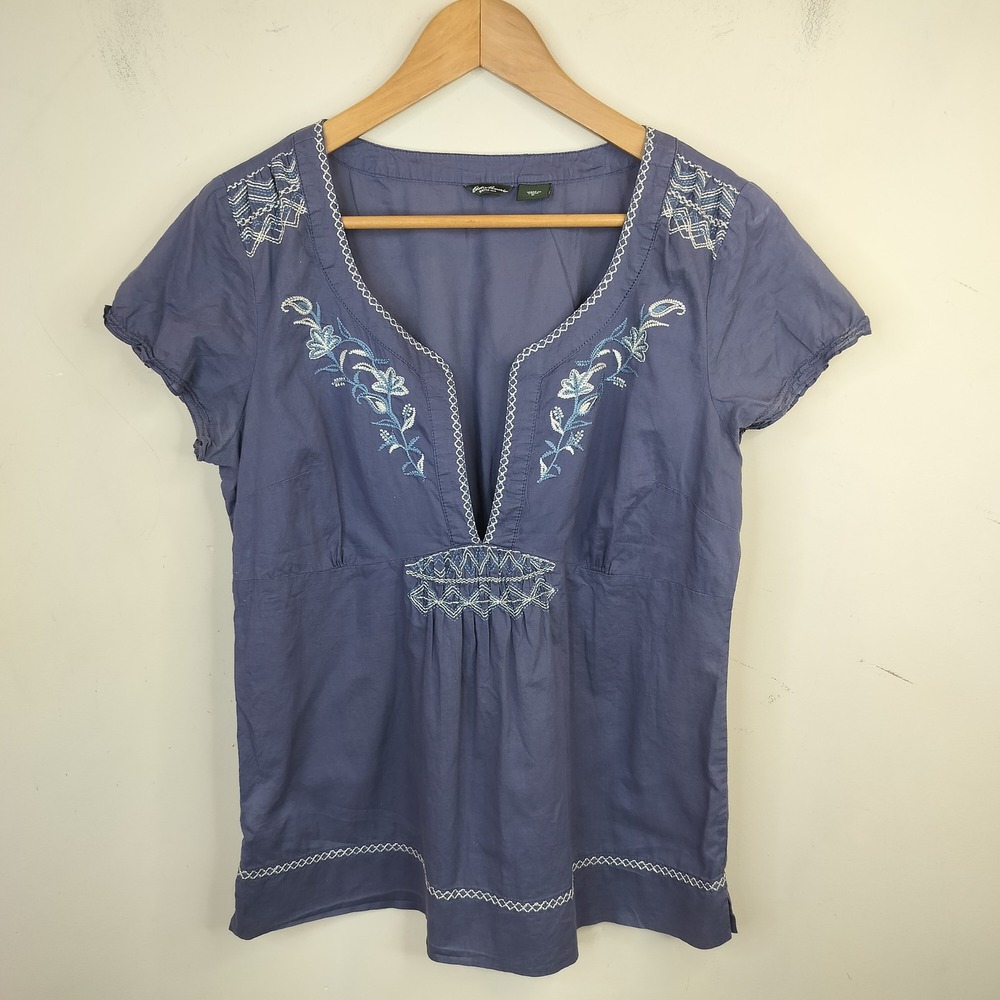 Eddie Bauer Y2K Embroidered Blouse Medium Split Neck Boho Blue Cotton